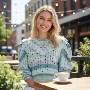 LoveShackFancy Mint and White Ruffle Sweater SZ XS